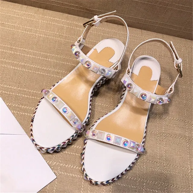 Genuine Leather Women's Sandals Luxury Brand Designer Fashion Soft Light Rivet Sweet Women's Shoes Multi-coloured Ladies Shoes