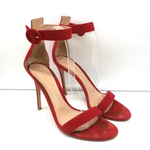 Gianvito Rossi Portofino 105 Sandals Red Suede Size 40 Ankle Strap Heels