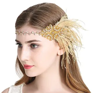 Gold Flapper Headband 1920s Gatsby Feather Headpiece
