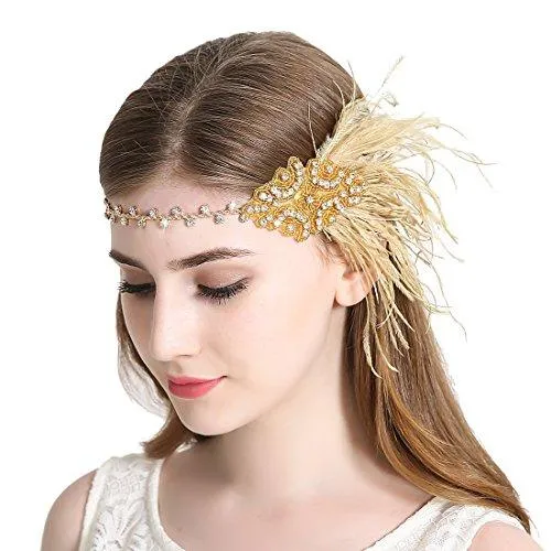 Gold Flapper Headband 1920s Gatsby Feather Headpiece