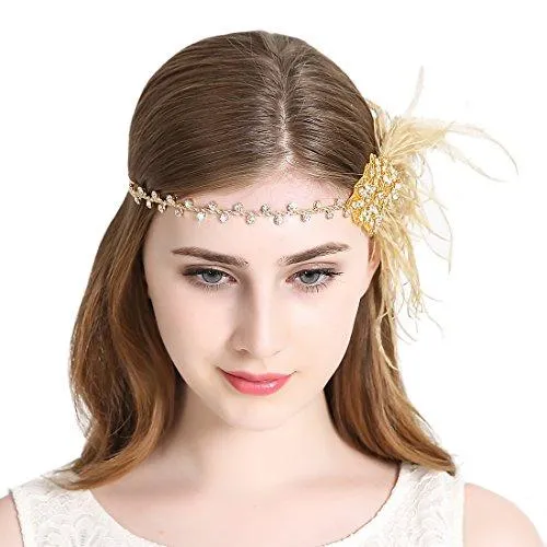Gold Flapper Headband 1920s Gatsby Feather Headpiece