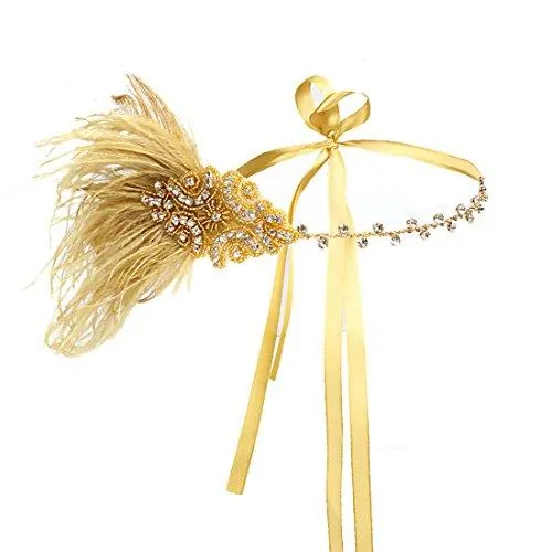 Gold Flapper Headband 1920s Gatsby Feather Headpiece