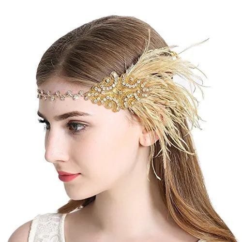Gold Flapper Headband 1920s Gatsby Feather Headpiece