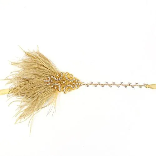 Gold Flapper Headband 1920s Gatsby Feather Headpiece