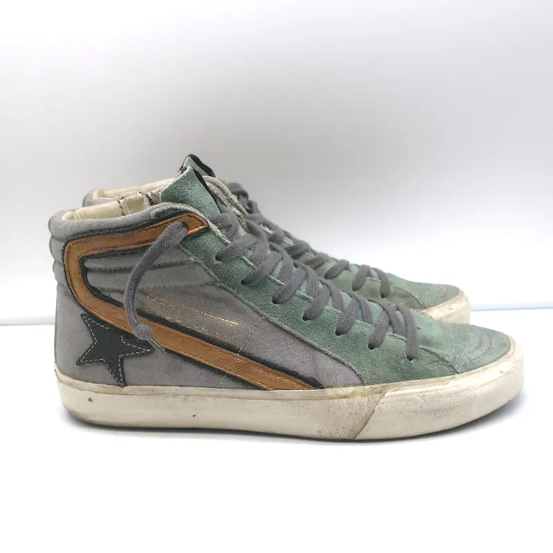 Golden Goose Slide High Top Sneakers Gray Canvas & Blue Suede Size 38