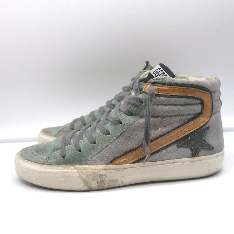 Golden Goose Slide High Top Sneakers Gray Canvas & Blue Suede Size 38