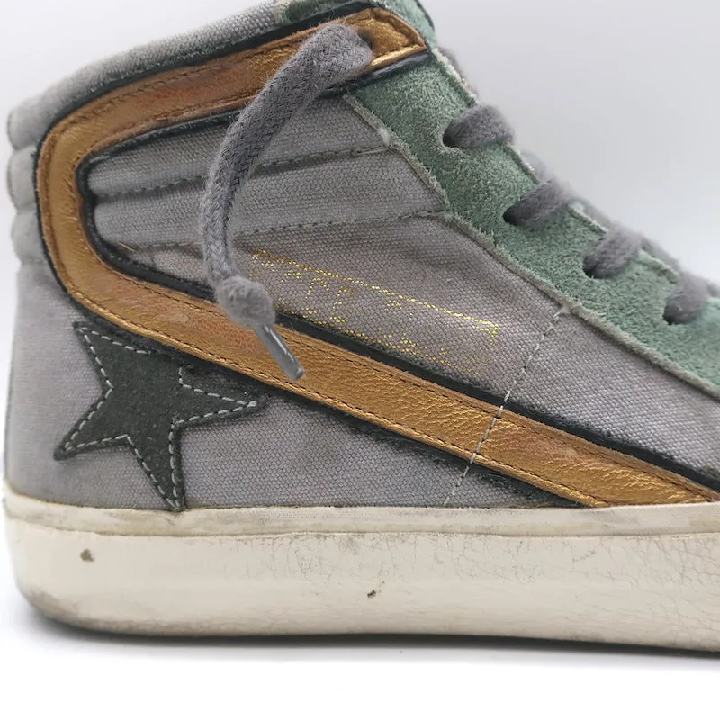 Golden Goose Slide High Top Sneakers Gray Canvas & Blue Suede Size 38