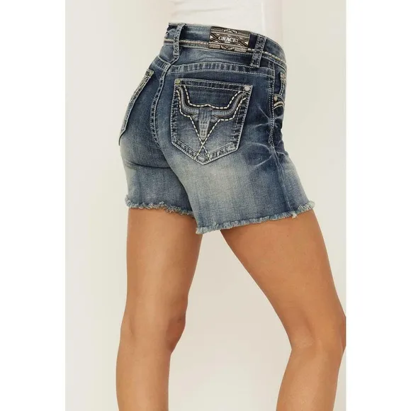 Grace In LA Women's Steer Head Embroidered Stretch Denim Jean Shorts
