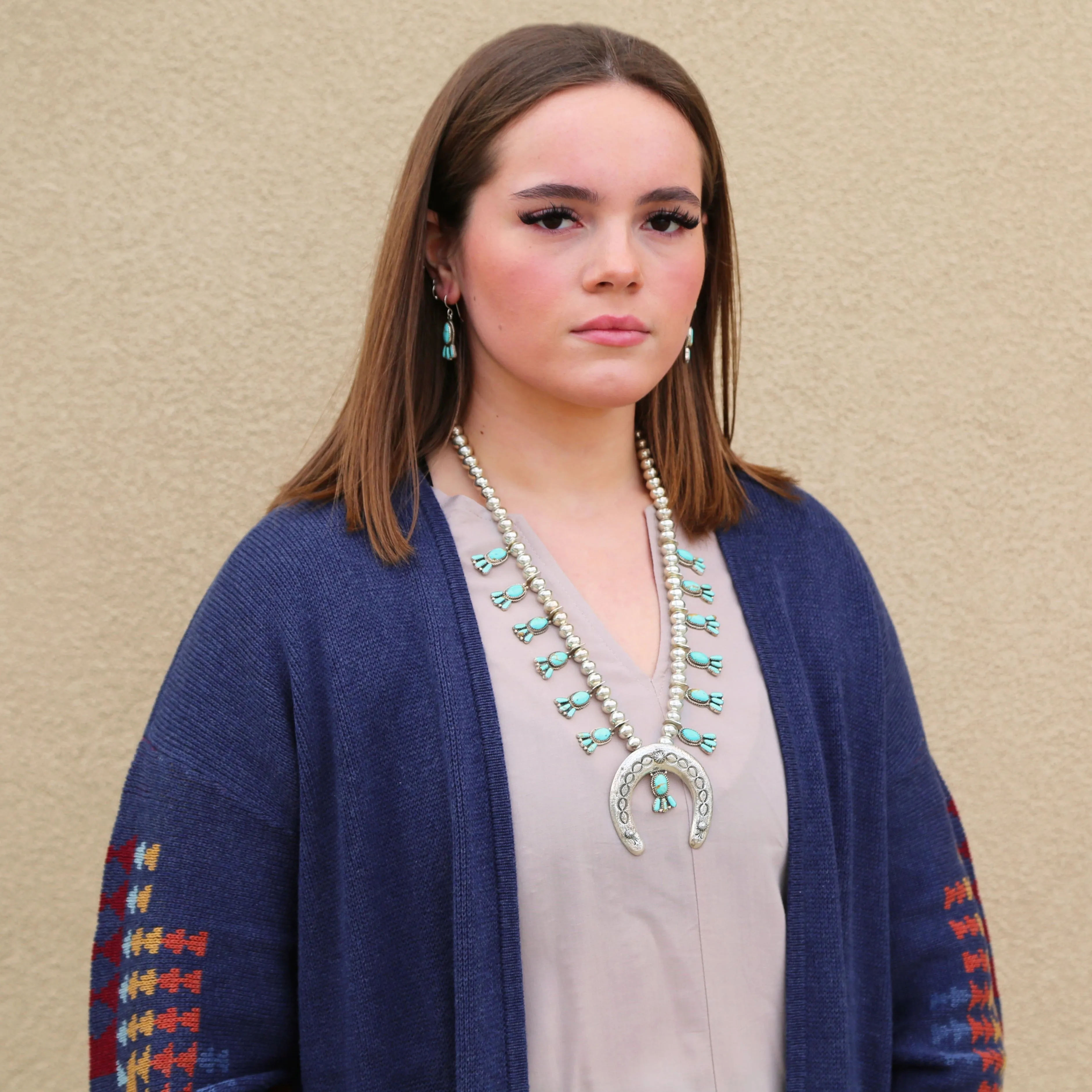 Graphic Open Front Navy Multi Cardigan