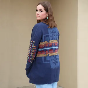 Graphic Open Front Navy Multi Cardigan