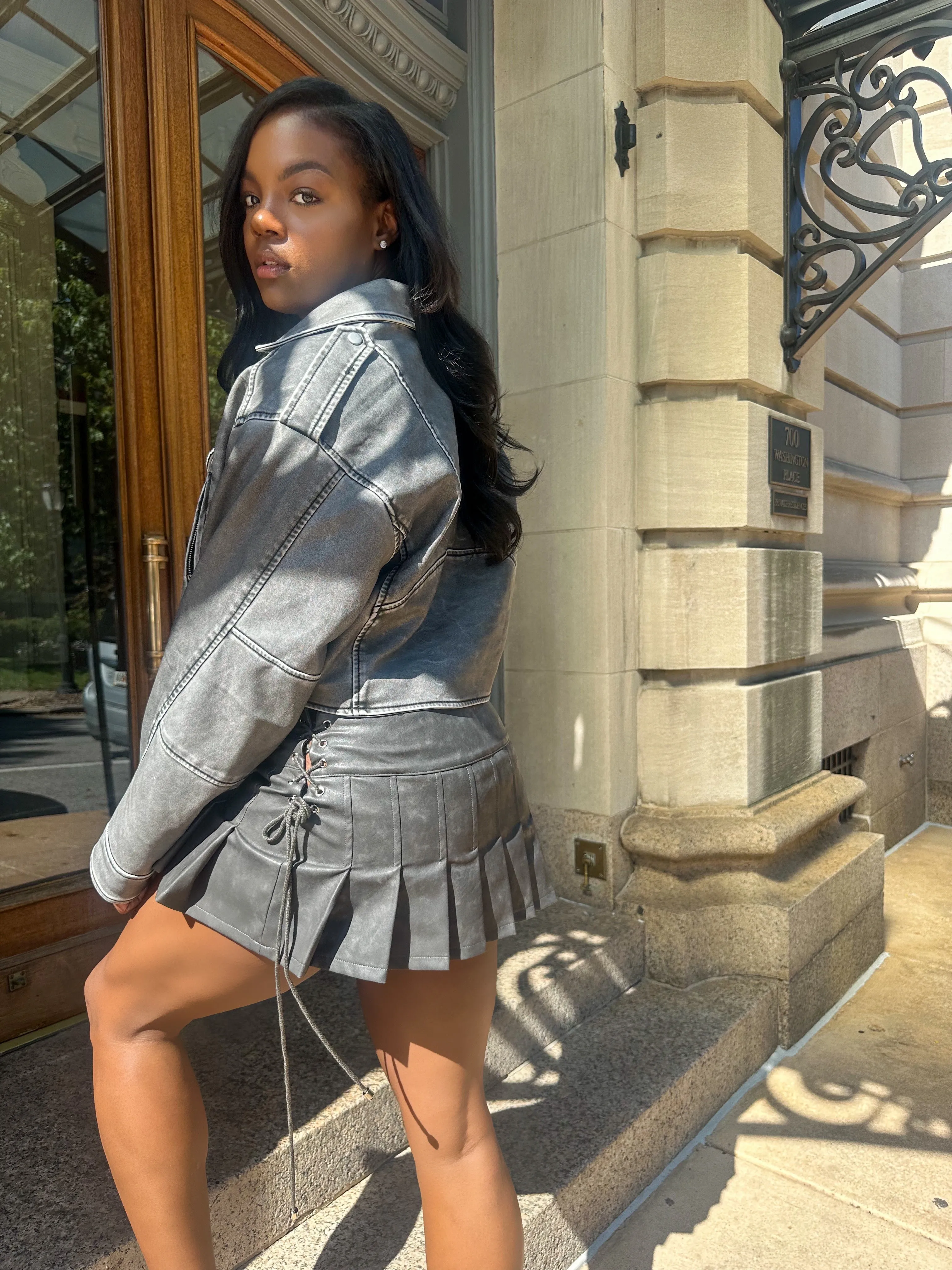 Gray Crop Leather Jacket