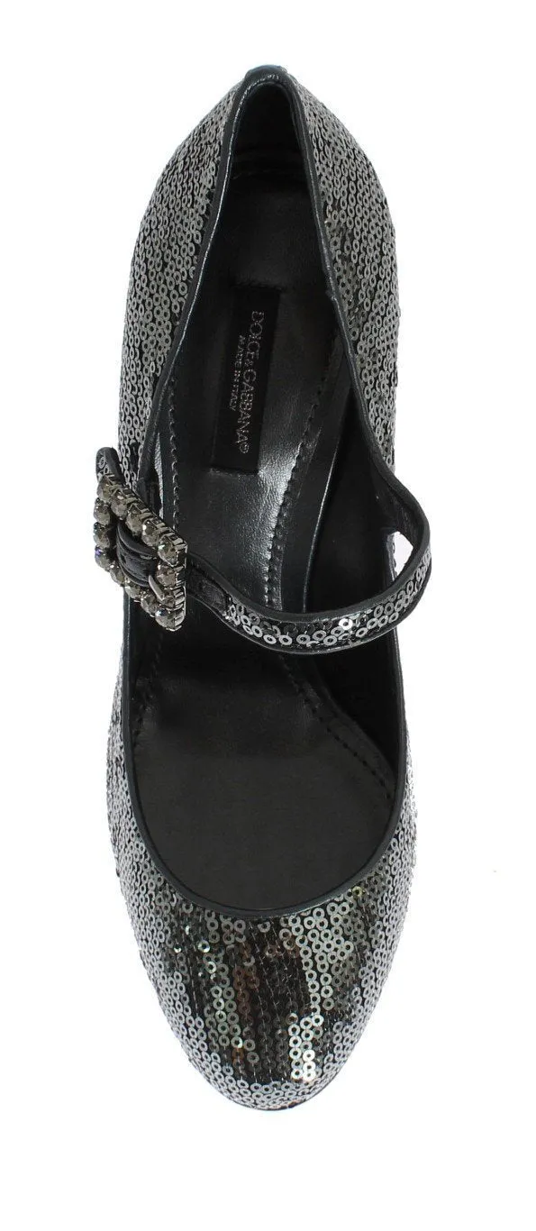 Gray Leather Sequined Mary Janes Shoes