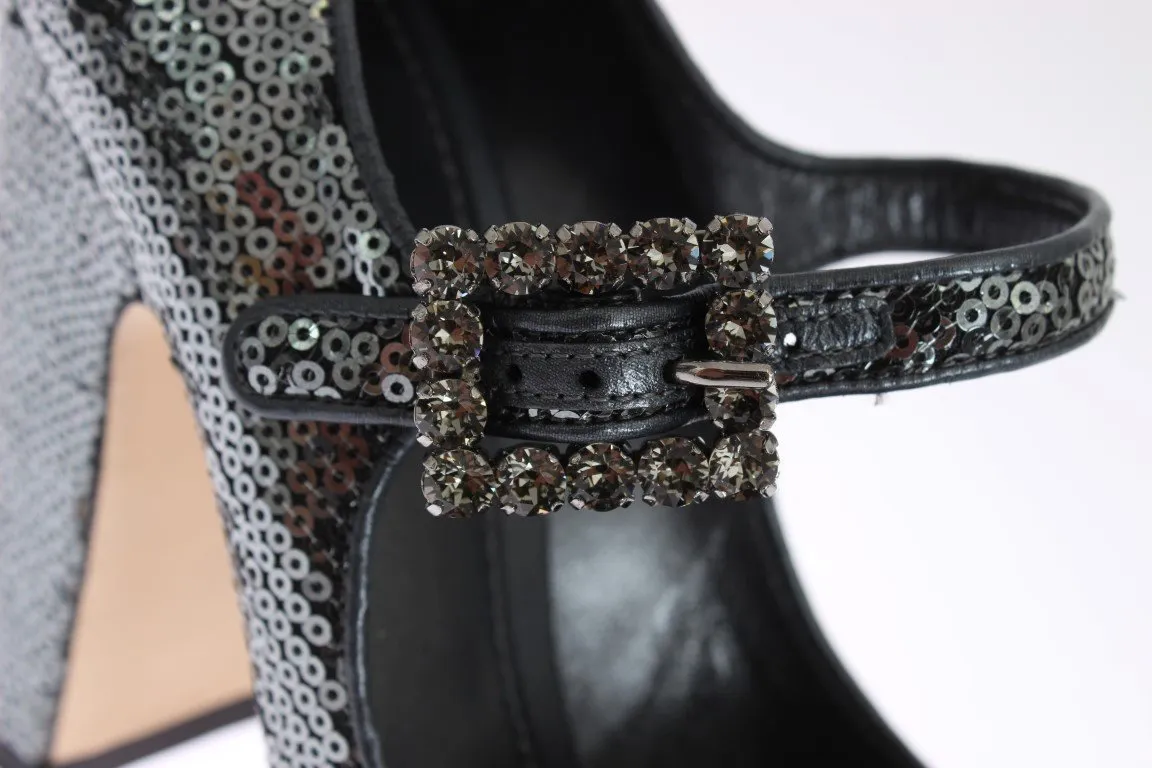 Gray Leather Sequined Mary Janes Shoes