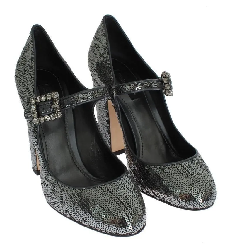 Gray Leather Sequined Mary Janes Shoes