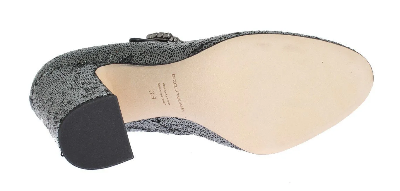 Gray Leather Sequined Mary Janes Shoes