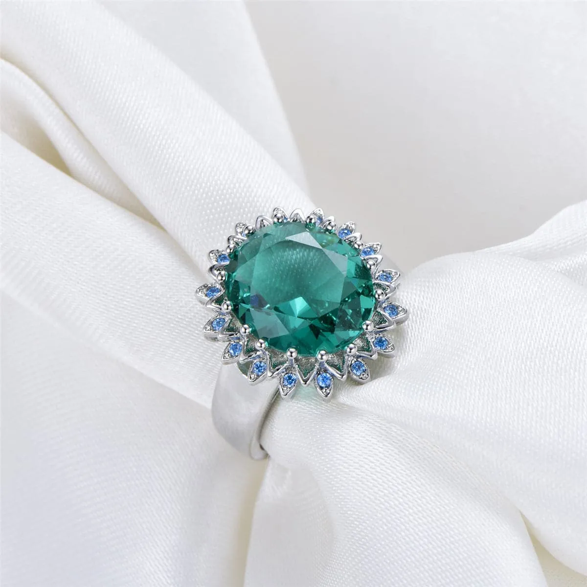 Green Crystal & Cubic Zirconia Floral Ring