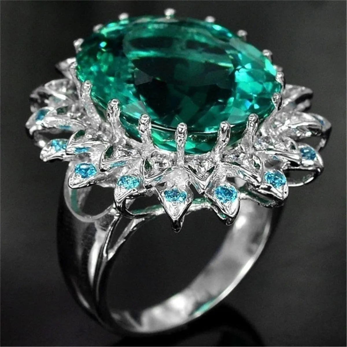 Green Crystal & Cubic Zirconia Floral Ring