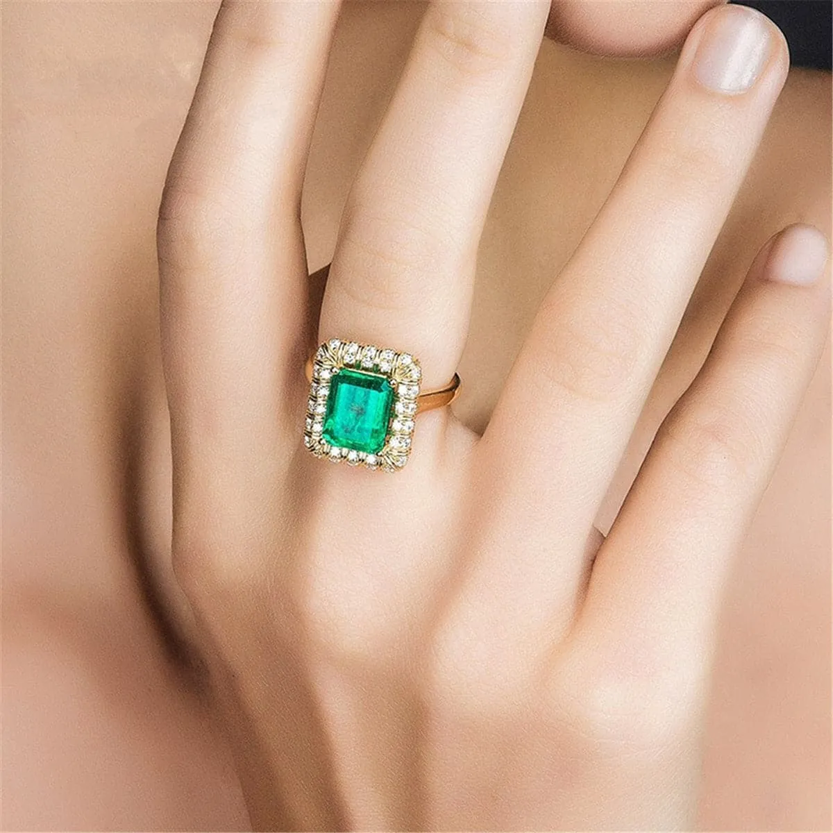 Green Cubic Zirconia & Crystal Emerald-Cut Halo Ring