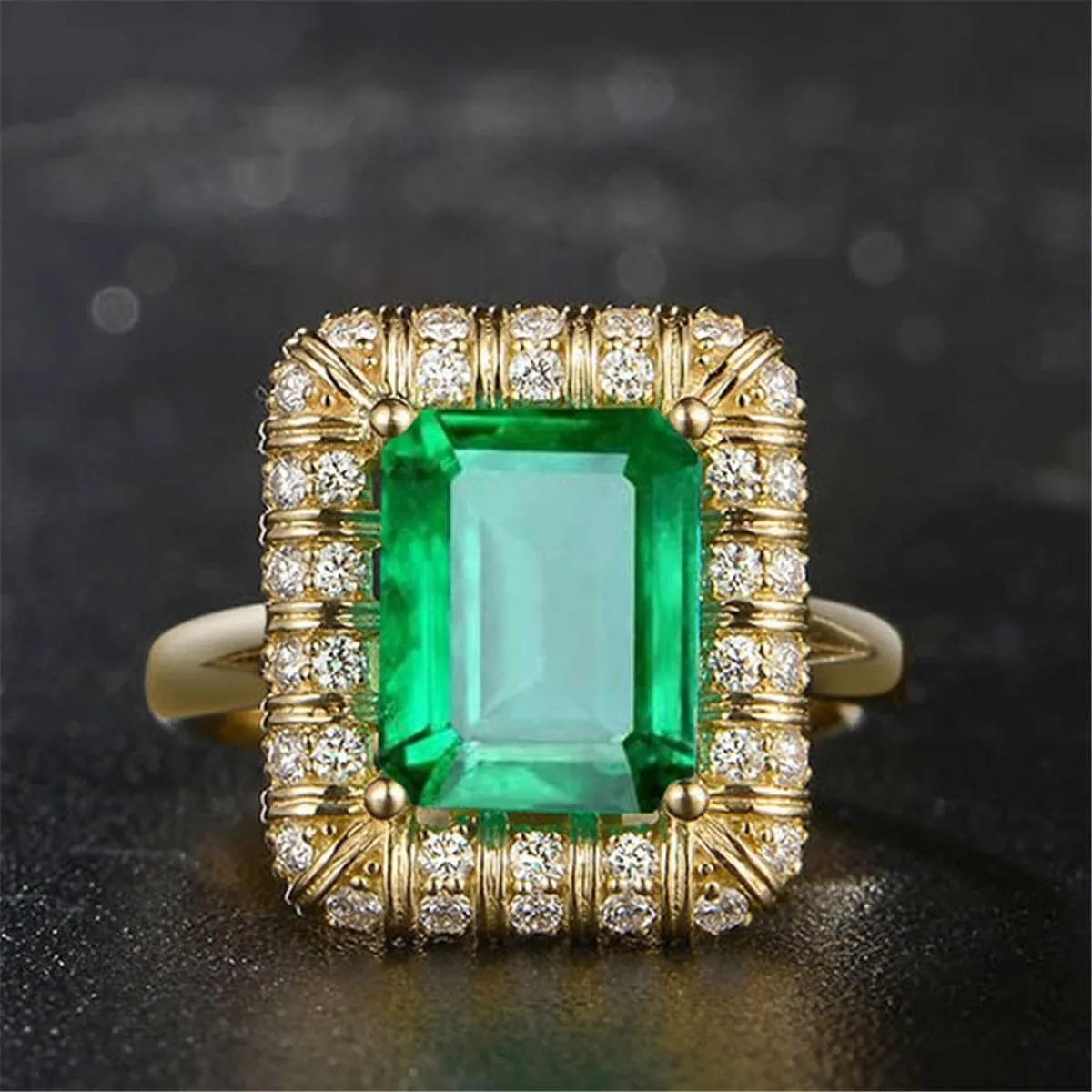Green Cubic Zirconia & Crystal Emerald-Cut Halo Ring