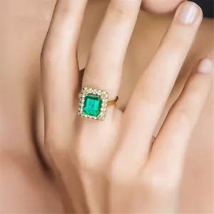 Green Cubic Zirconia & Crystal Emerald-Cut Halo Ring