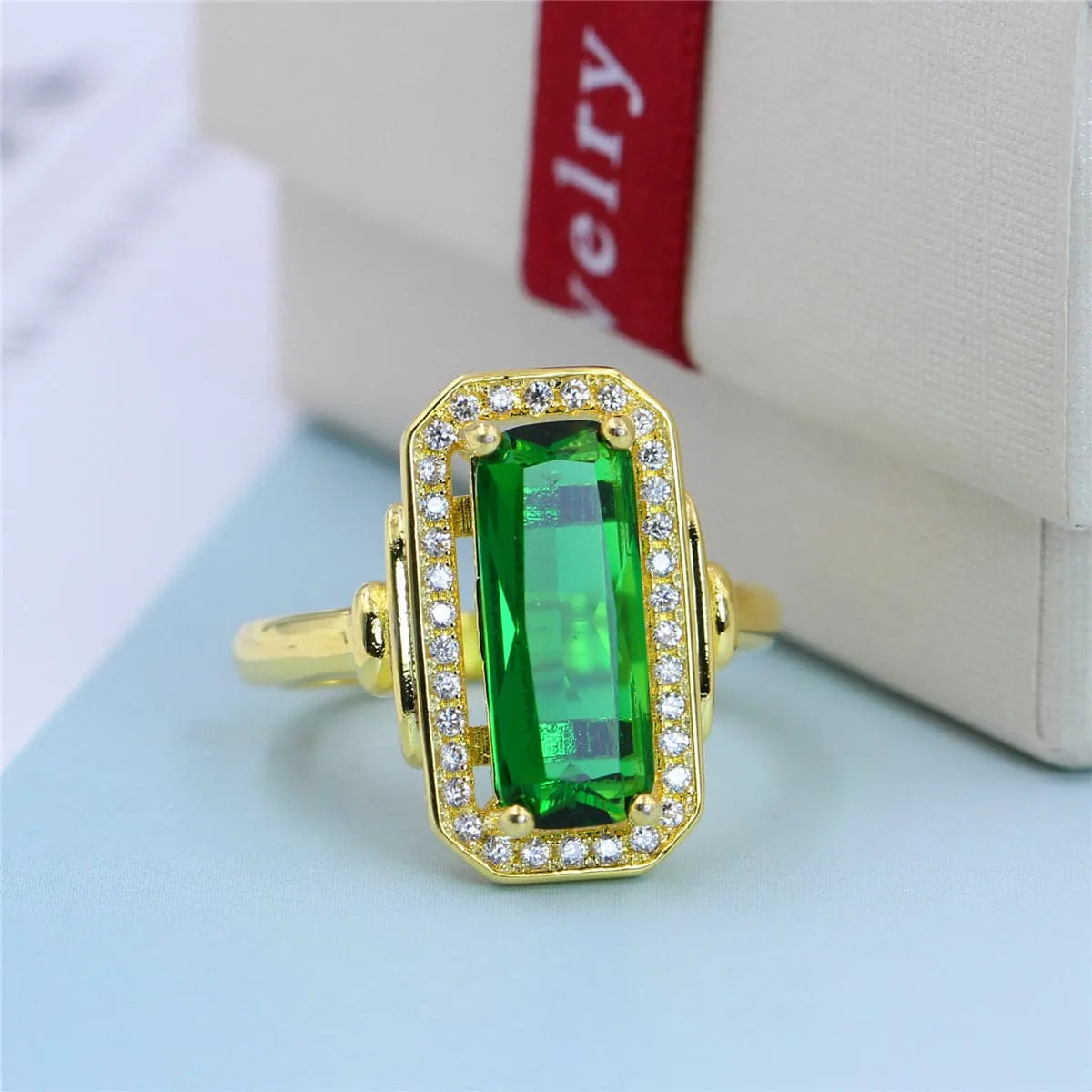 Green Cubic Zirconia & Crystal Halo Ring