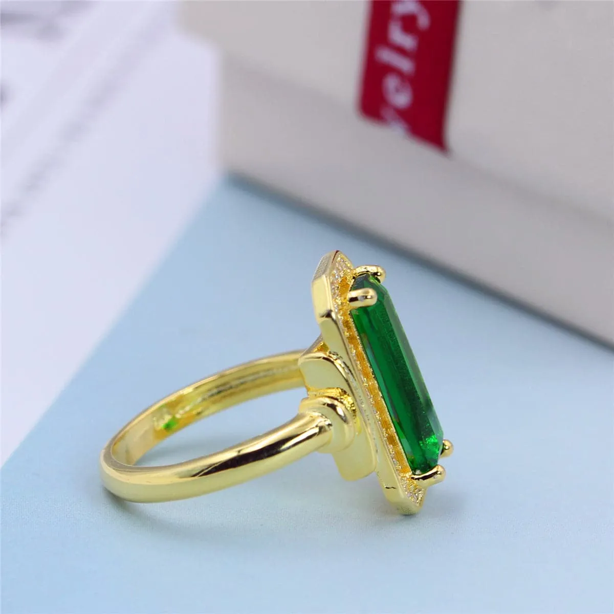 Green Cubic Zirconia & Crystal Halo Ring
