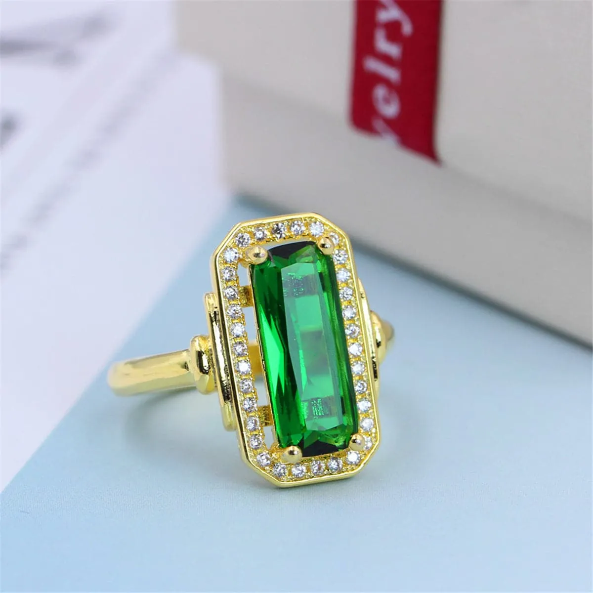 Green Cubic Zirconia & Crystal Halo Ring