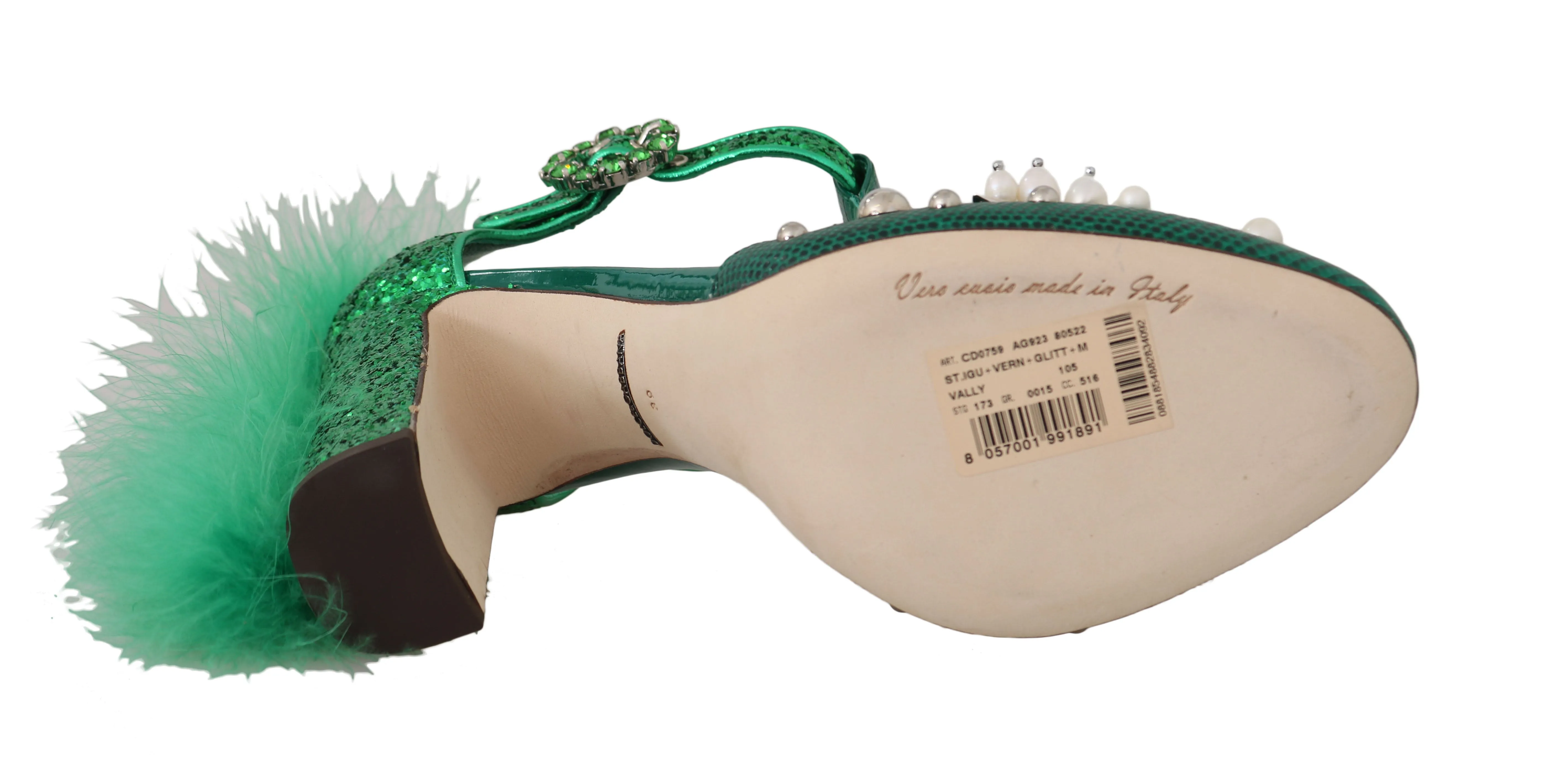 Green Lizard Leather Crystal Fur Pumps
