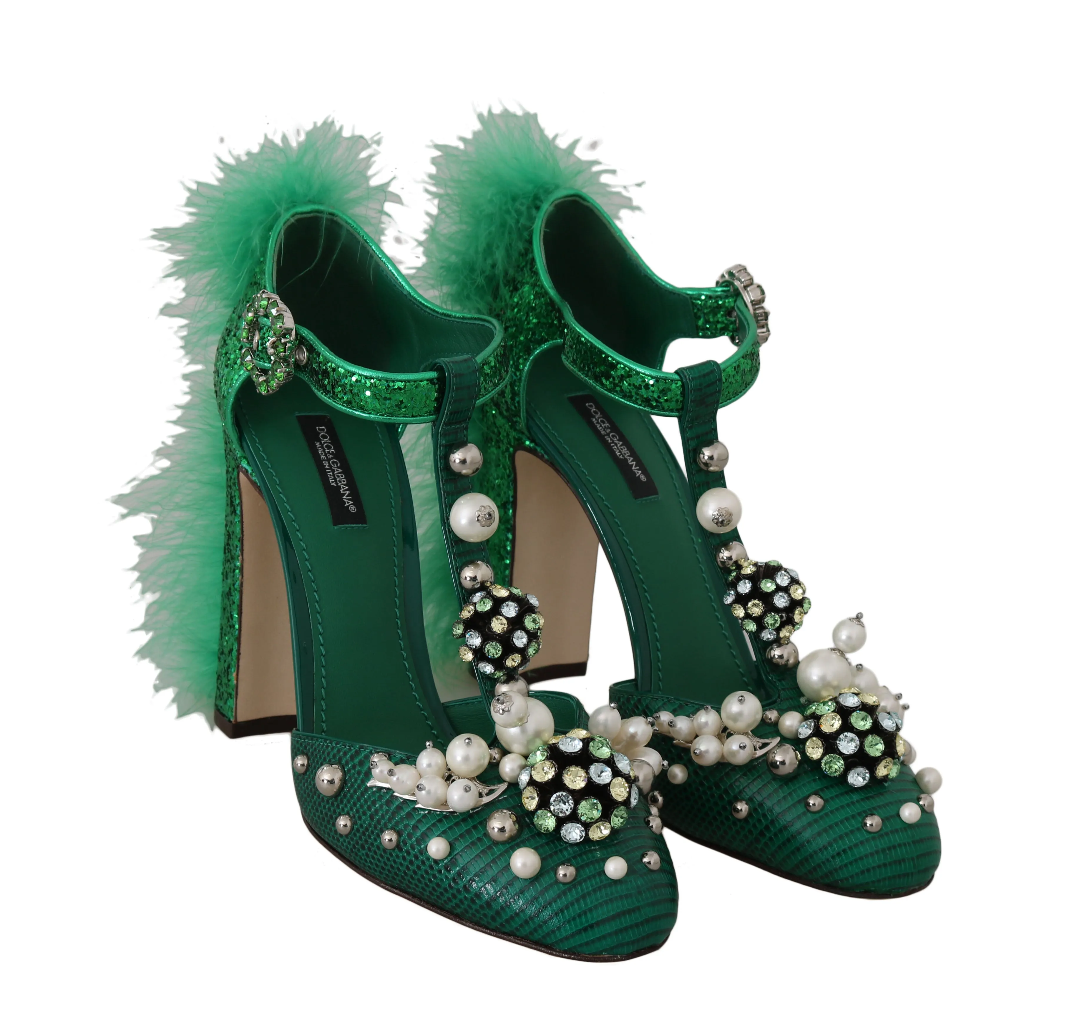 Green Lizard Leather Crystal Fur Pumps