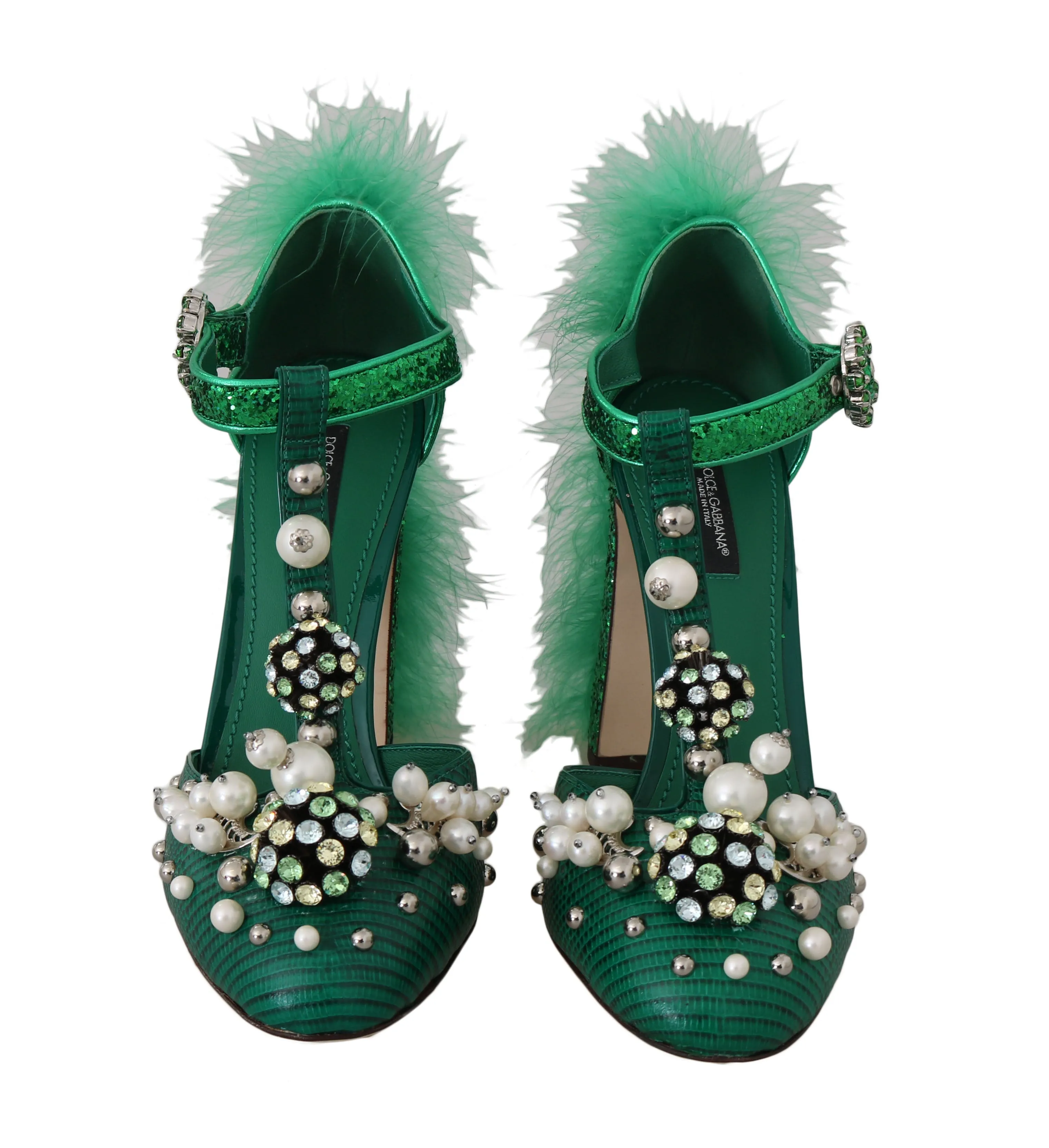 Green Lizard Leather Crystal Fur Pumps