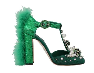 Green Lizard Leather Crystal Fur Pumps