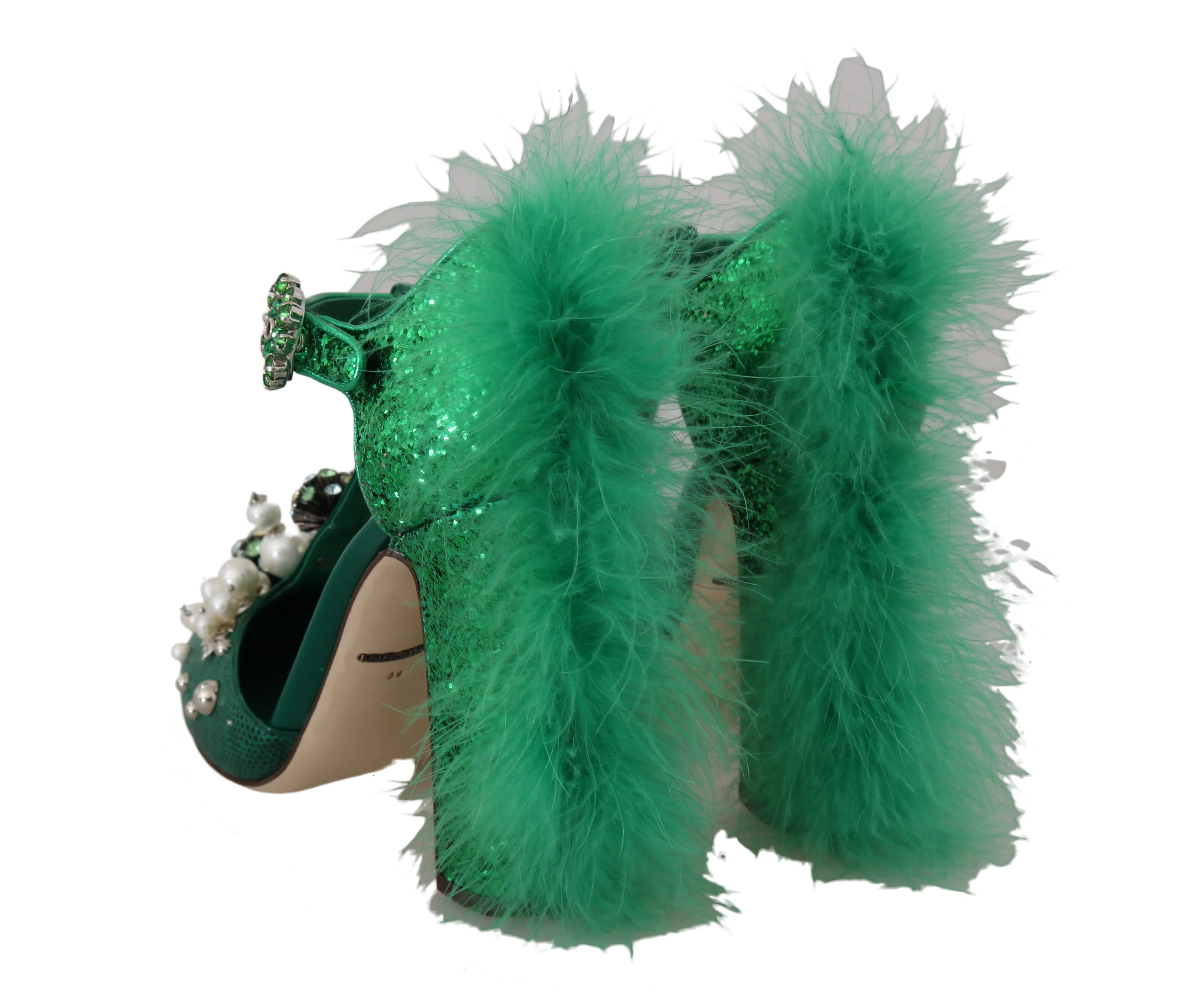 Green Lizard Leather Crystal Fur Pumps