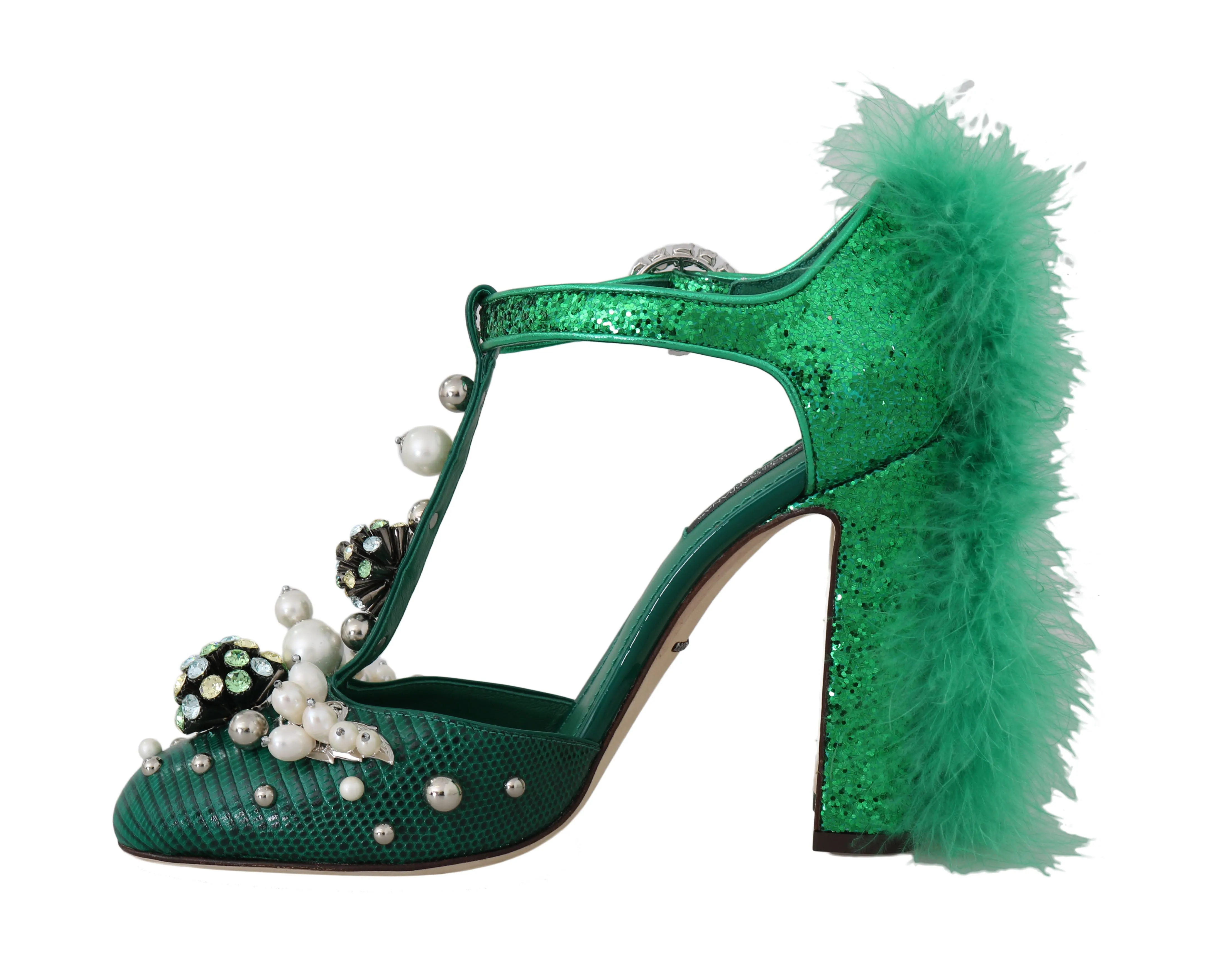 Green Lizard Leather Crystal Fur Pumps