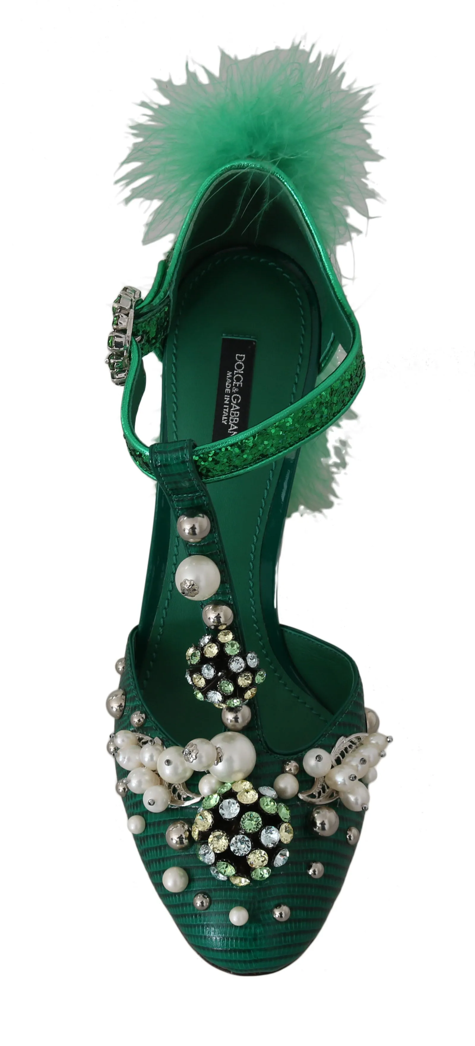 Green Lizard Leather Crystal Fur Pumps