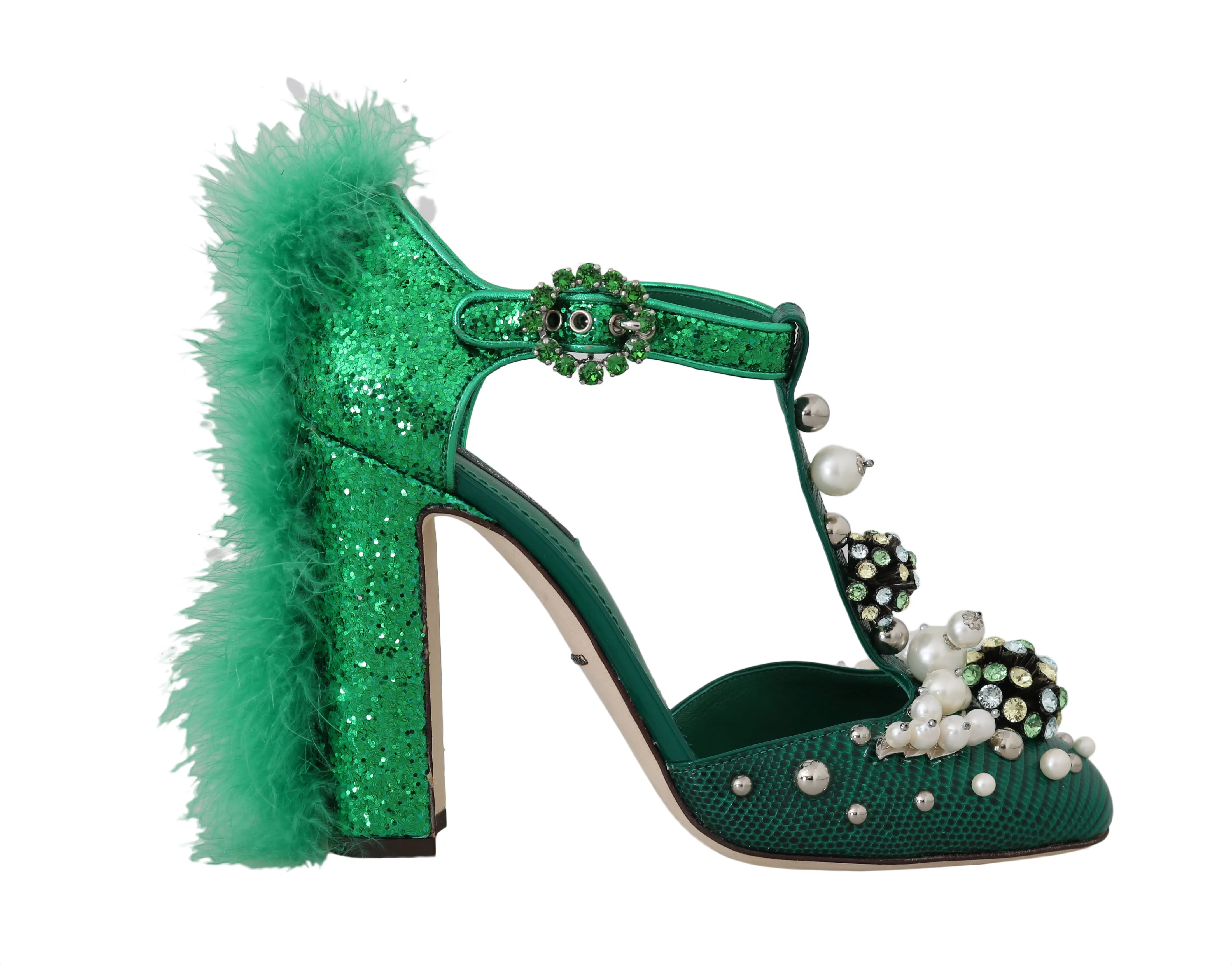 Green Lizard Leather Crystal Fur Pumps