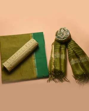 Green Mercerised Cotton Handloom Unstitched Suit Fabric Set With Kota Silk Block Printed Dupatta