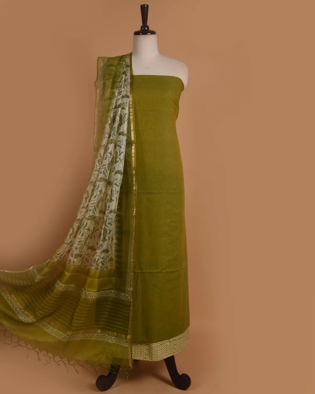 Green Mercerised Cotton Handloom Unstitched Suit Fabric Set With Kota Silk Block Printed Dupatta