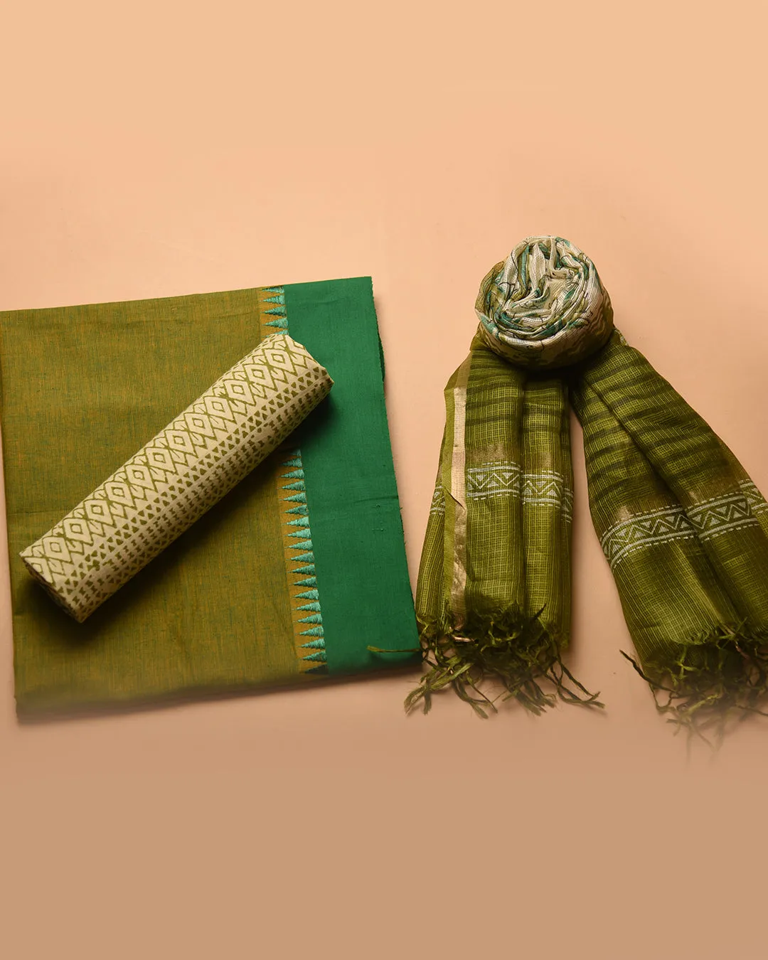 Green Mercerised Cotton Handloom Unstitched Suit Fabric Set With Kota Silk Block Printed Dupatta