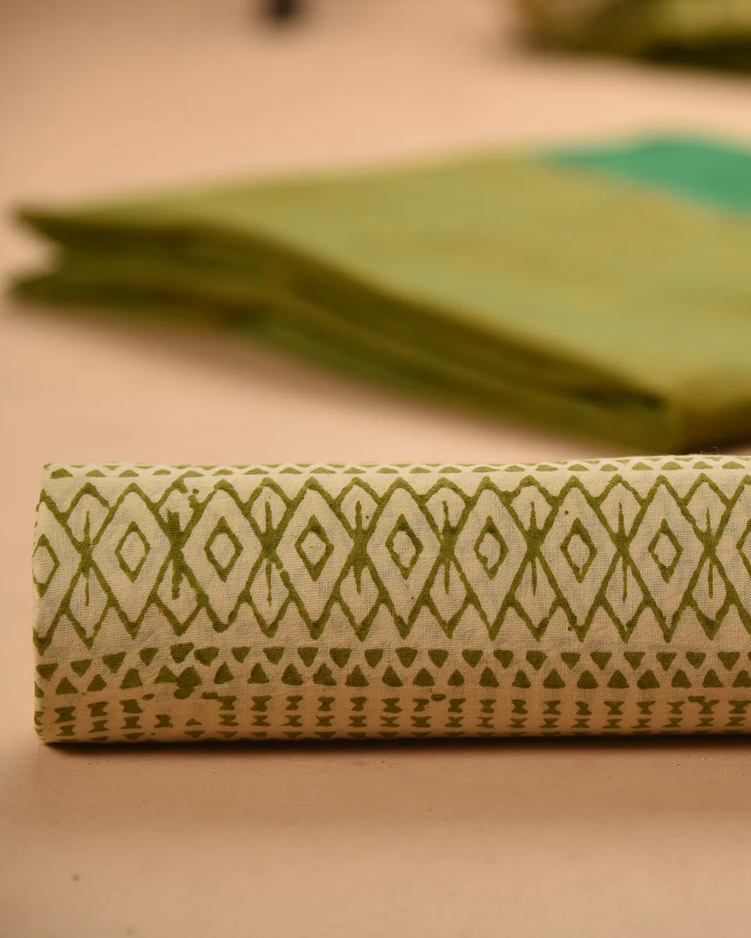 Green Mercerised Cotton Handloom Unstitched Suit Fabric Set With Kota Silk Block Printed Dupatta