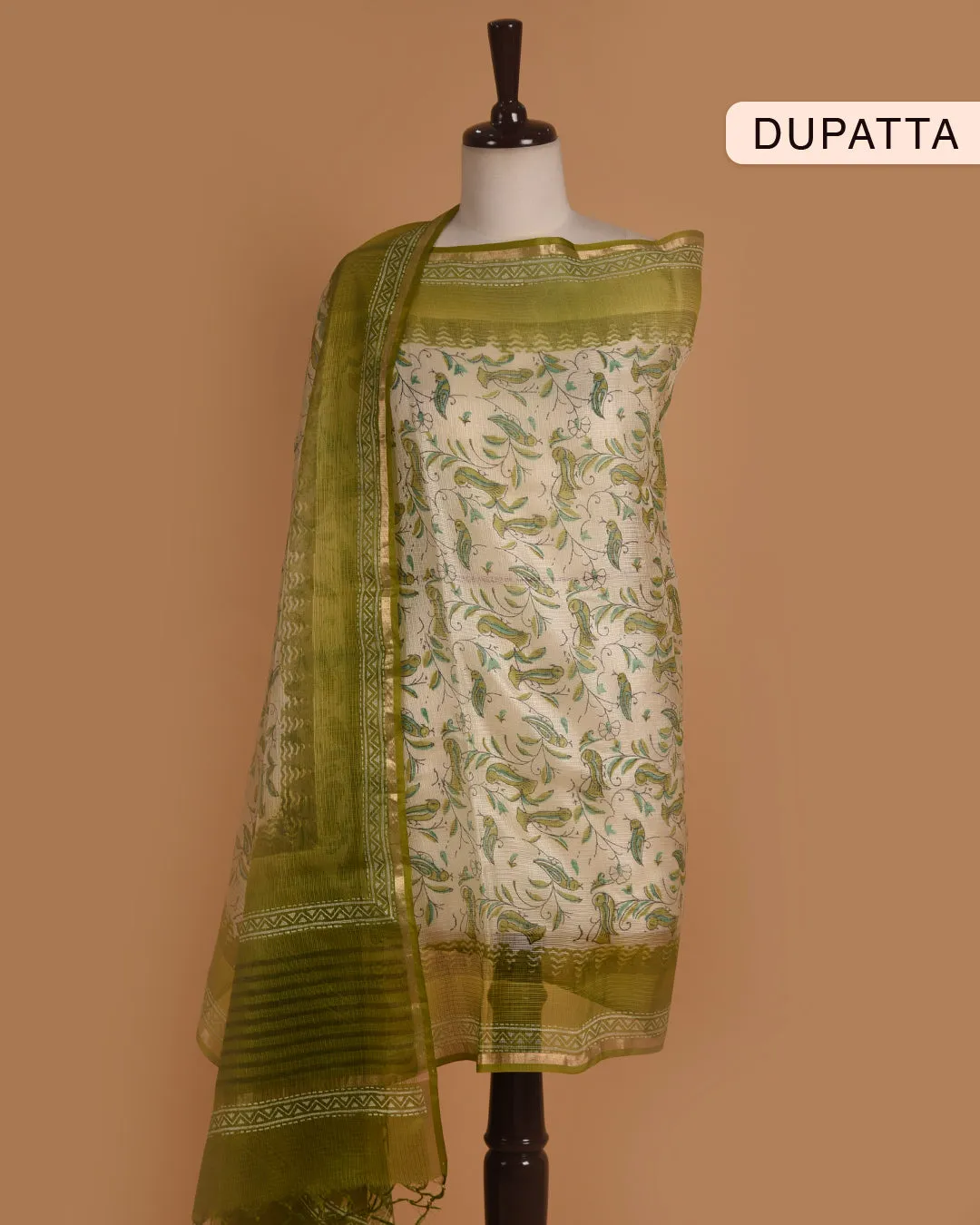 Green Mercerised Cotton Handloom Unstitched Suit Fabric Set With Kota Silk Block Printed Dupatta