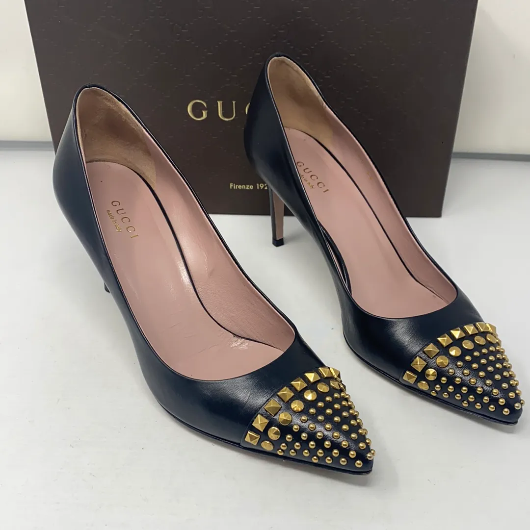 Gucci Black Leather Heel with Gold Studs