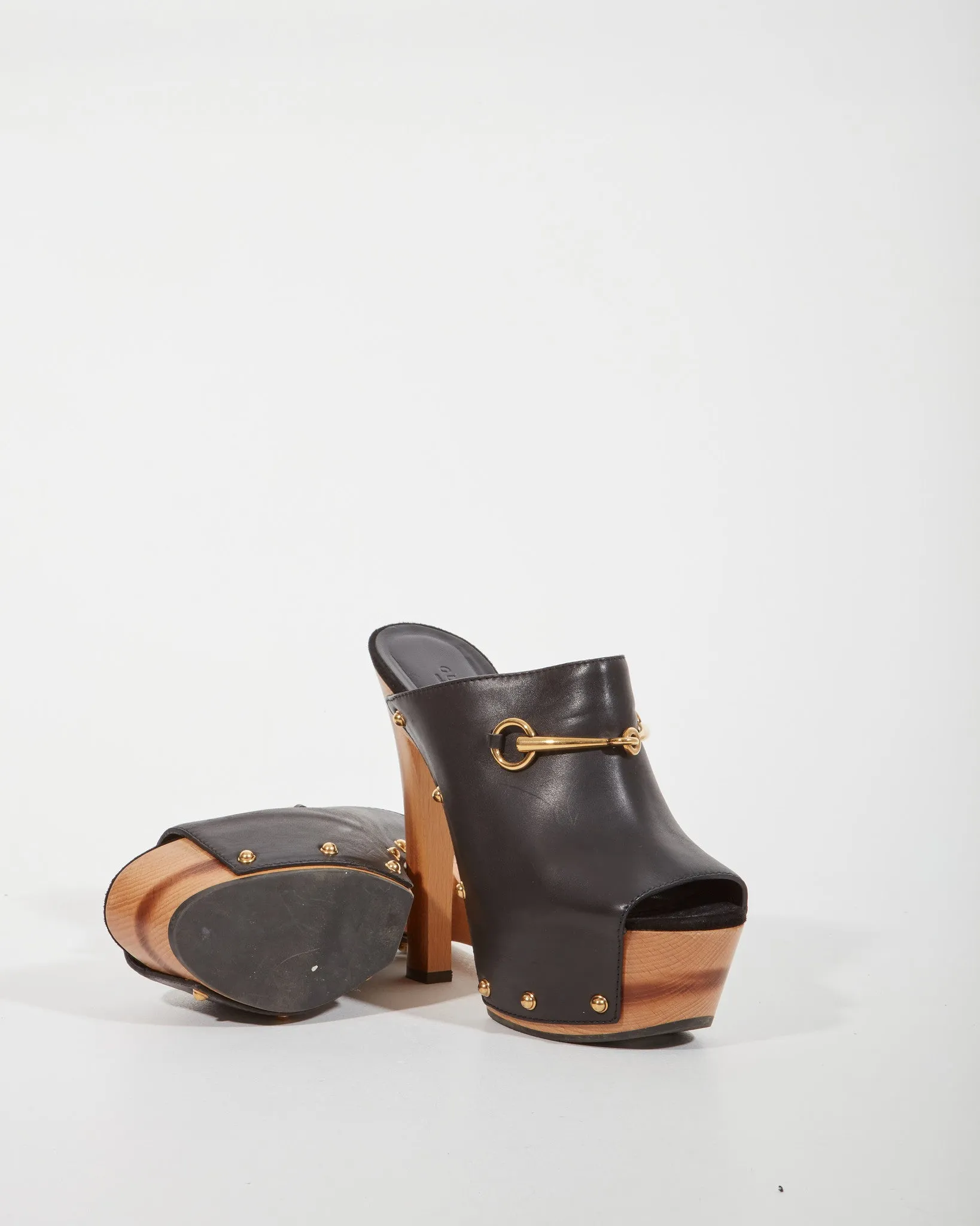 Gucci Black Leather Horsebit Clog Platform Heel - 39.5
