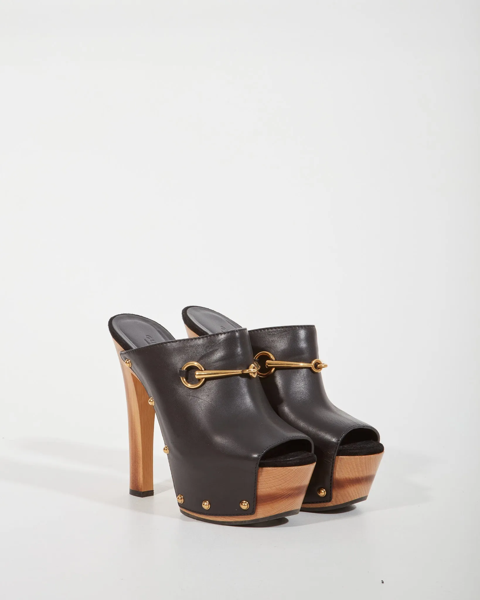 Gucci Black Leather Horsebit Clog Platform Heel - 39.5