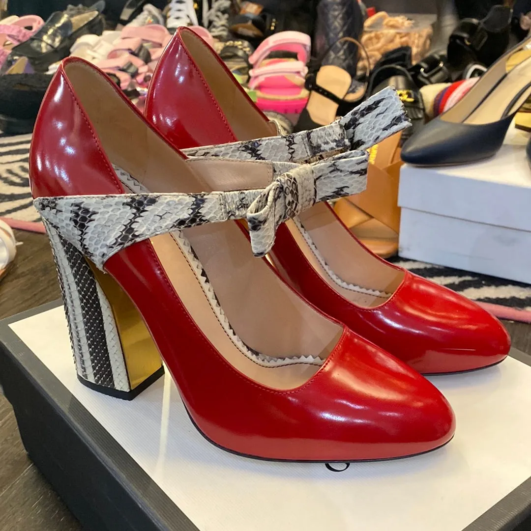Gucci Red leather snakeskin heel and bow Chunky Heel