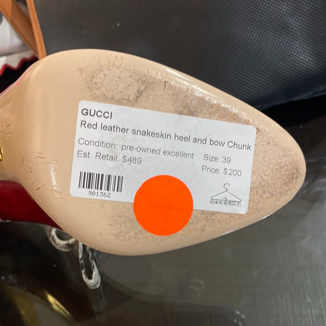 Gucci Red leather snakeskin heel and bow Chunky Heel