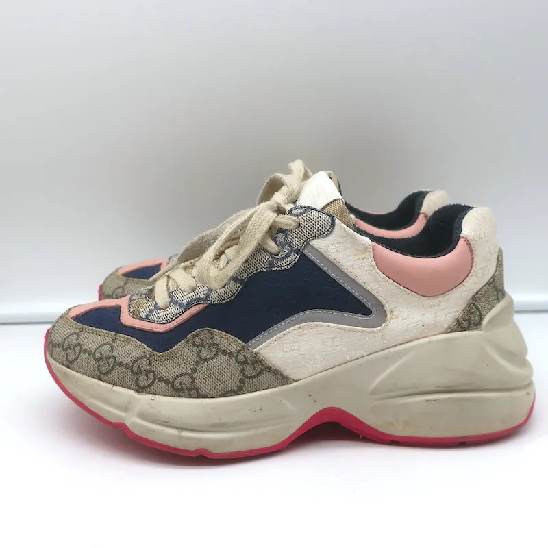 Gucci Rhyton GG Mixed Media Sneakers Navy/Multi Leather & Canvas Size 35