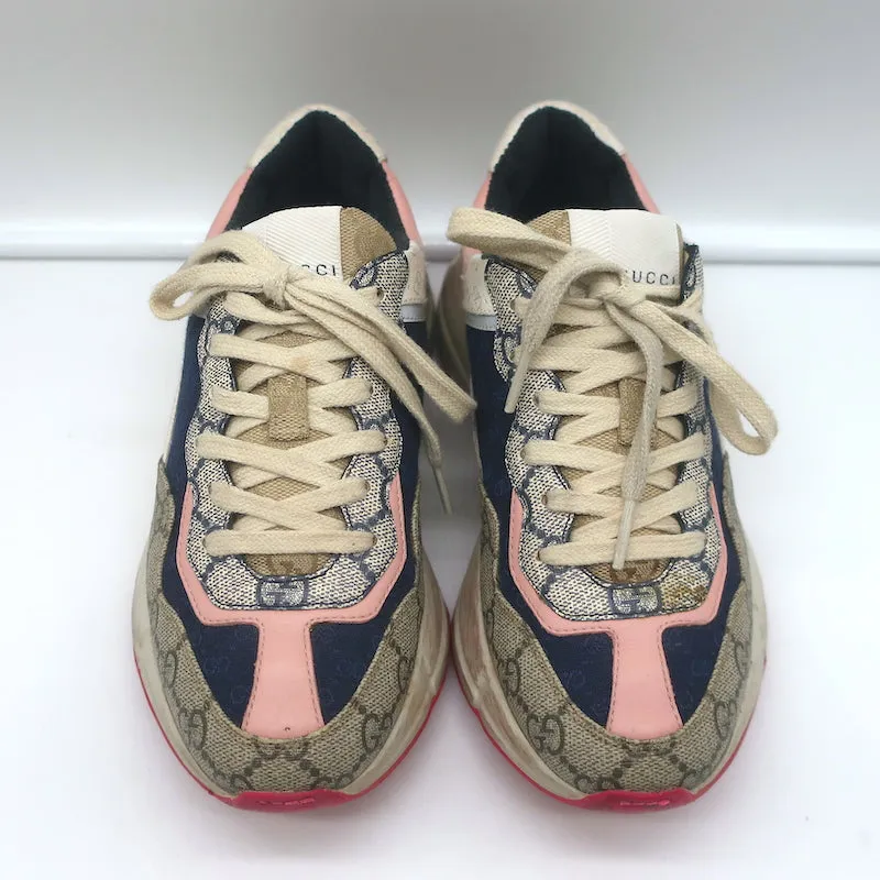 Gucci Rhyton GG Mixed Media Sneakers Navy/Multi Leather & Canvas Size 35