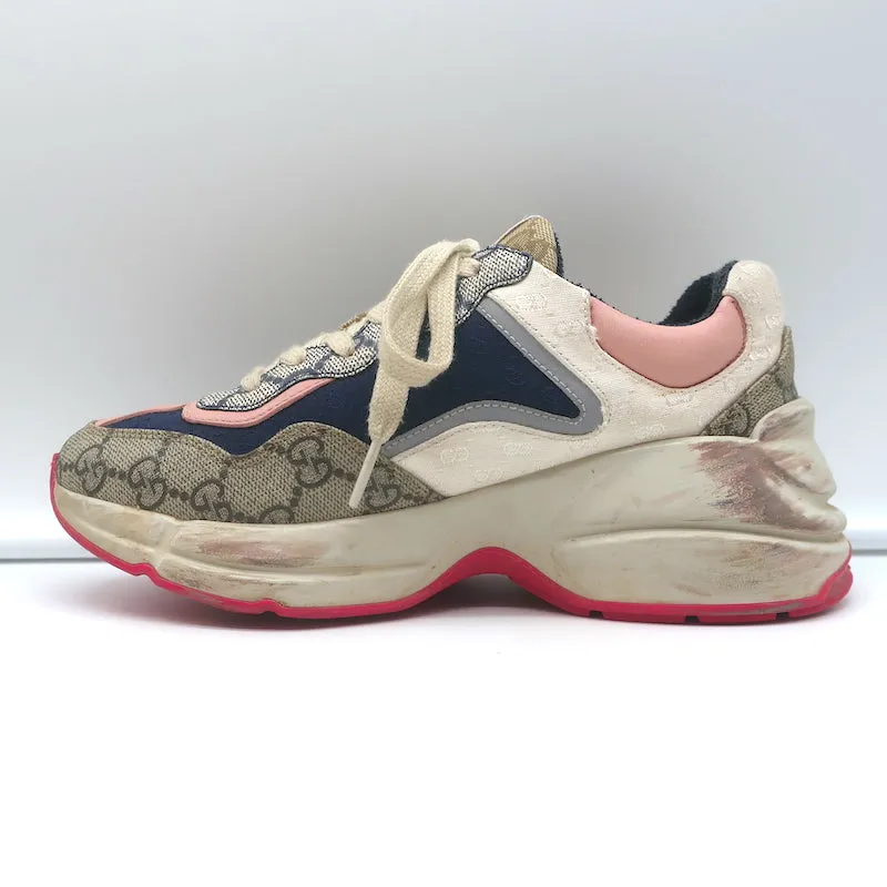 Gucci Rhyton GG Mixed Media Sneakers Navy/Multi Leather & Canvas Size 35