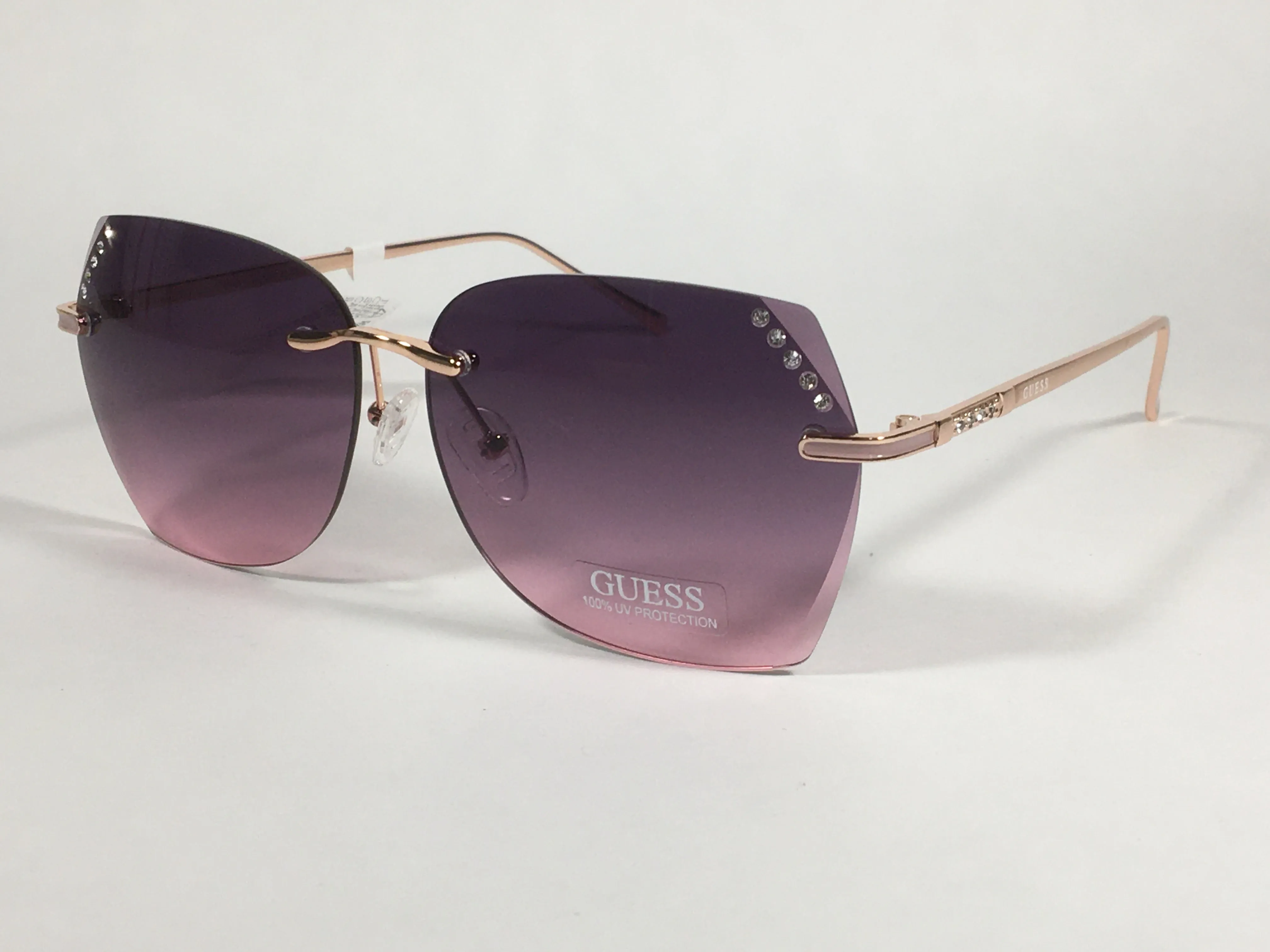 Guess Rimless Butterfly Sunglasses Rose Gold Metal Frame Pink Gradient Lens GF0384 28T