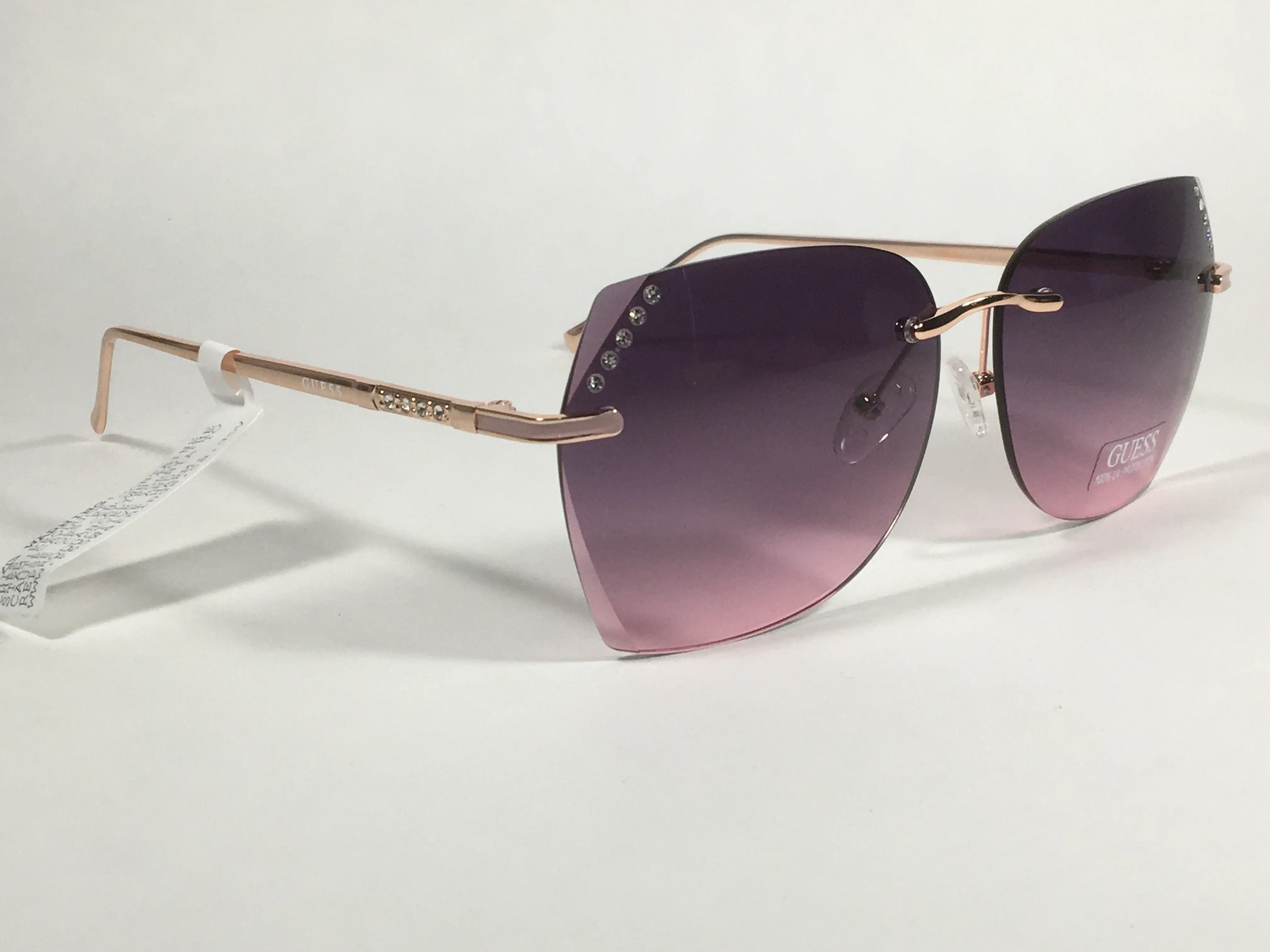 Guess Rimless Butterfly Sunglasses Rose Gold Metal Frame Pink Gradient Lens GF0384 28T